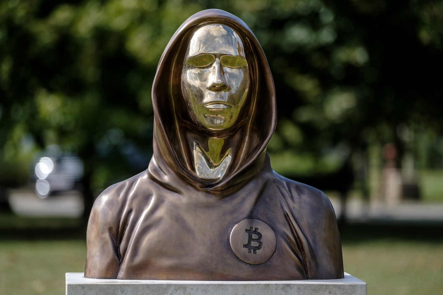 A statue of the mysterious Bitcoin inventor, Satoshi Nakamoto, in Budapest Park