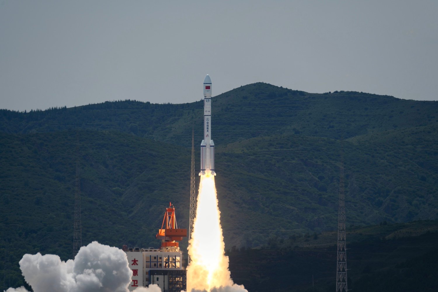 A Long March 6A rocket carrying the satellite group blasts off from the Taiyuan Satellite Launch Center on August 6, 2024 in Taiyuan, Shanxi Province of China.