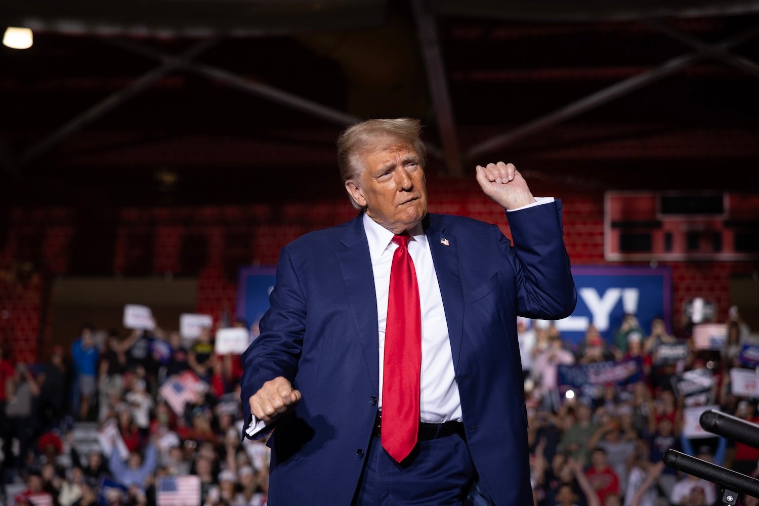 Donald Trump concludes a rally at Saginaw Valley State University on October 03, 2024 in Saginaw, Michigan.