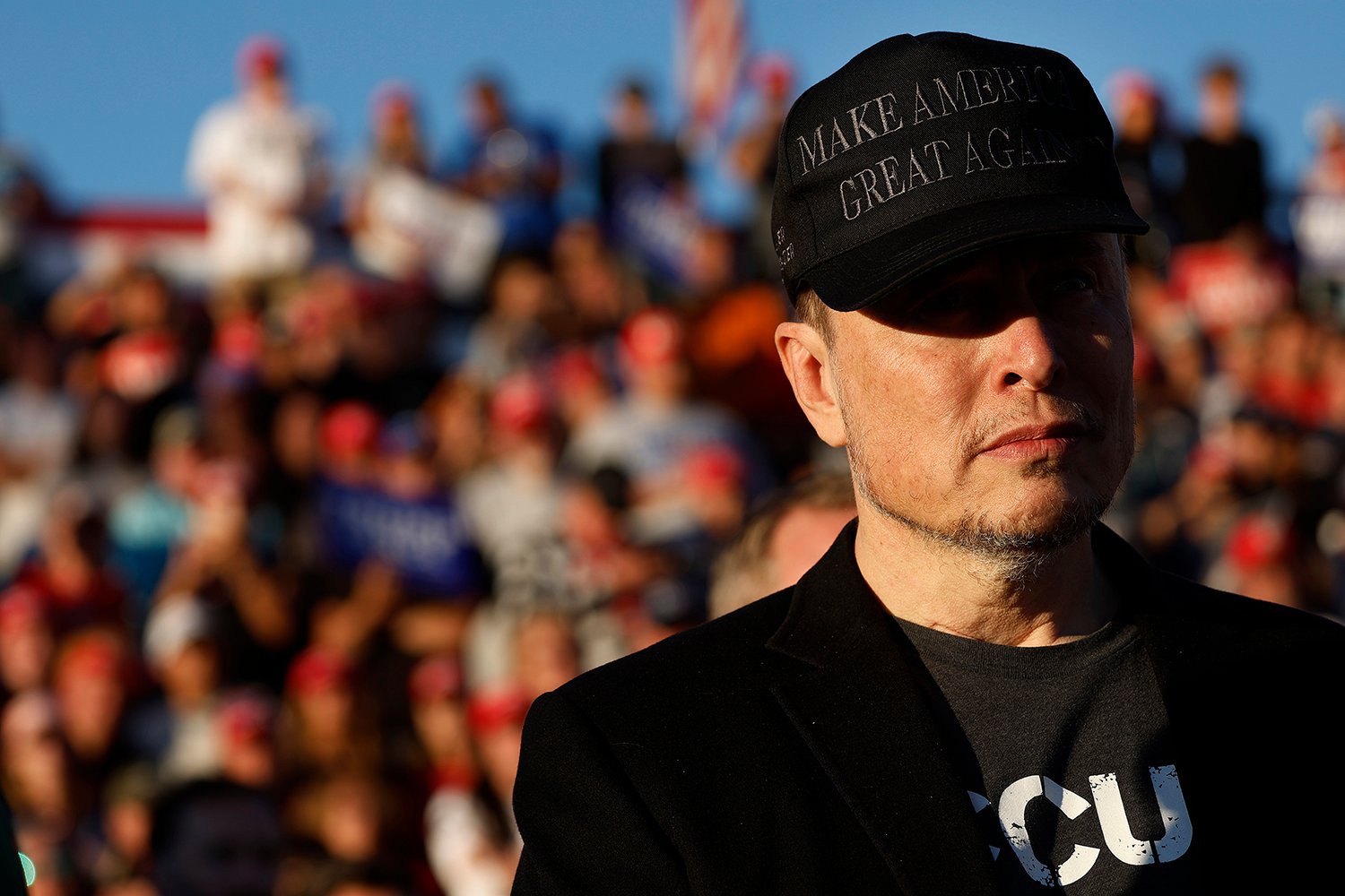 Elon Musk wears a black "Make America Great Again" ball cap while attending a campaign rally with Republican presidential nominee, former President Donald Trump at the Butler Farm Show fairgrounds on October 05, 2024 in Butler, Pennsylvania. This is the first time that Trump has returned to Butler since he was injured during an attempted assassination on July 13.