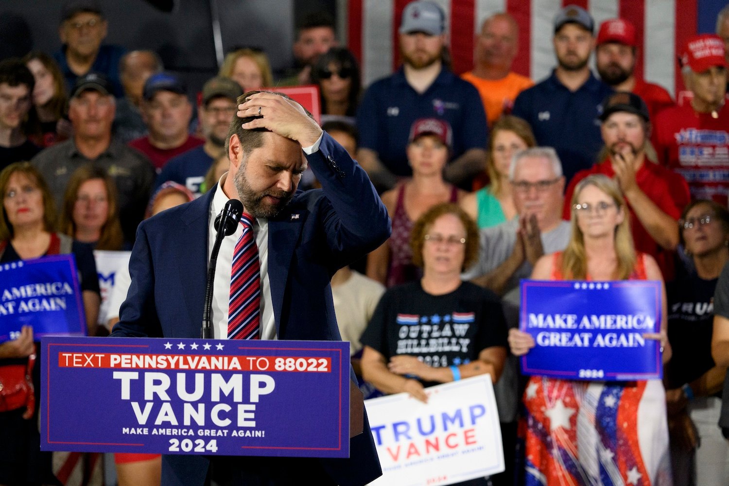 J.D. Vance (R-OH) speaks at a rally at trucking company, Team Hardinger on August 28, 2024 in Erie, Pennsylvania.