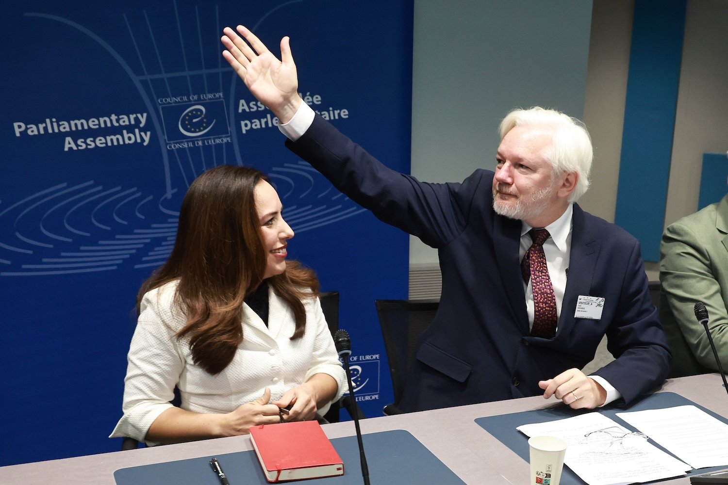 Julian Assange attends the European council beside his wife Stella on October 01, 2024 in Strasbourg, France.