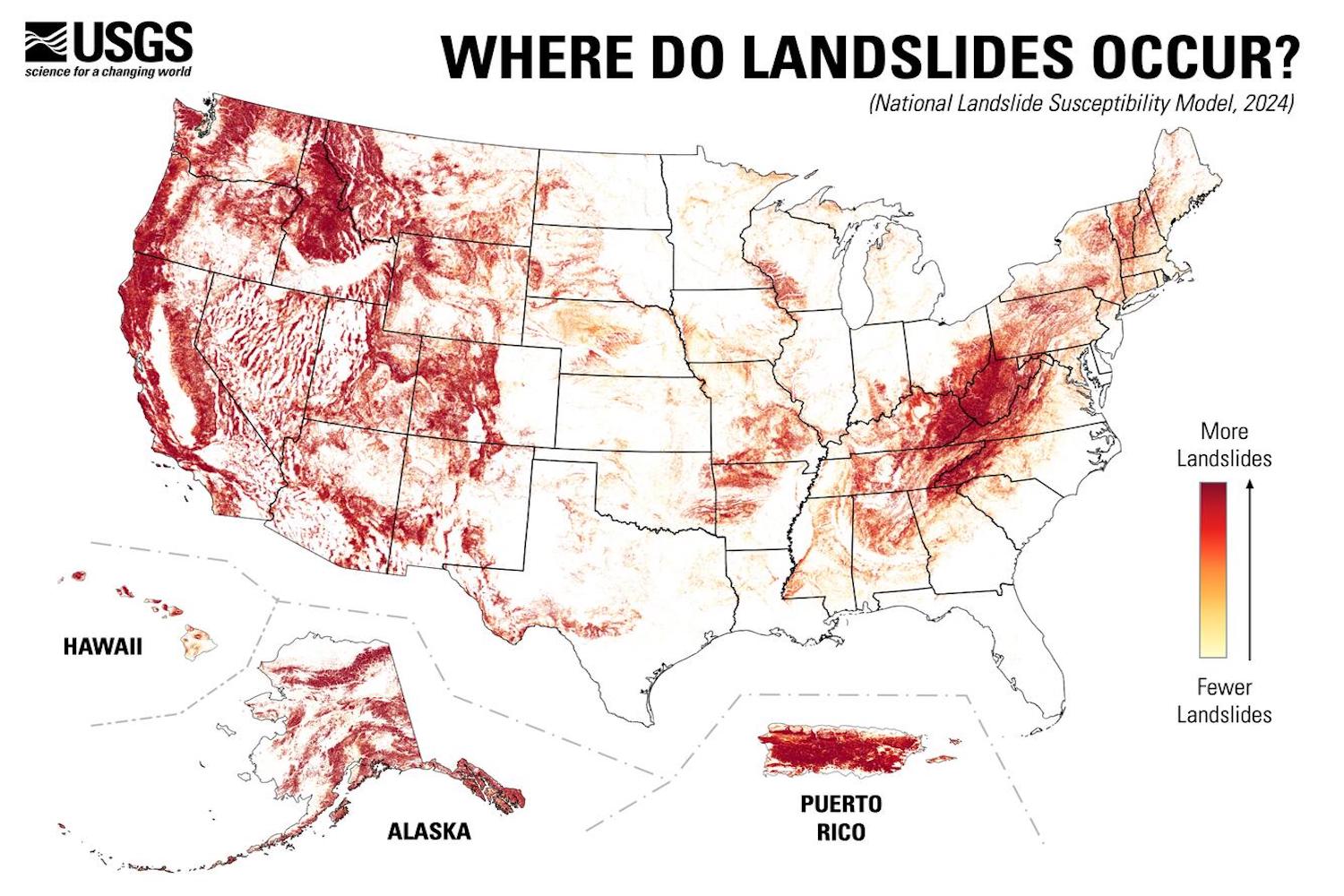 Graphic showing which areas of the U.S. are at risk of landslides.