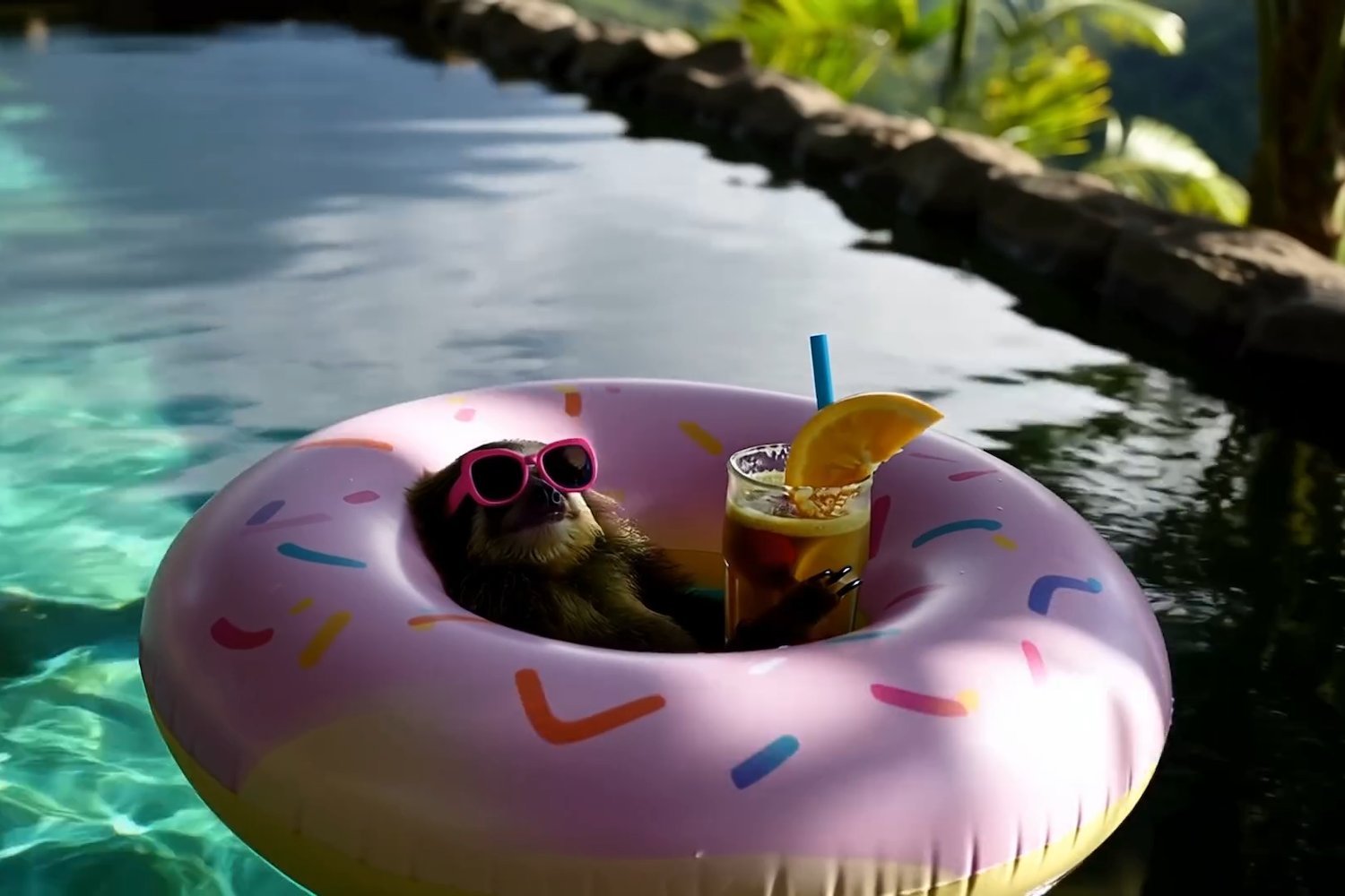 A seal lounging in a rubber tube on a small stream