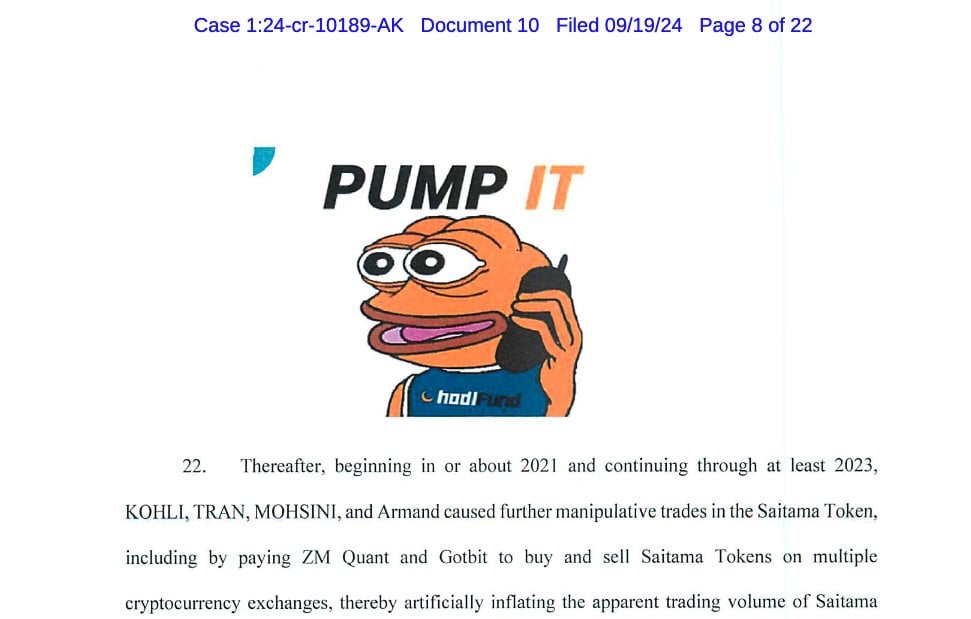 Screenshot from a crypto fraud indictment unsealed Oct. 9, 2024 showing a Pepe "Pump It" meme.