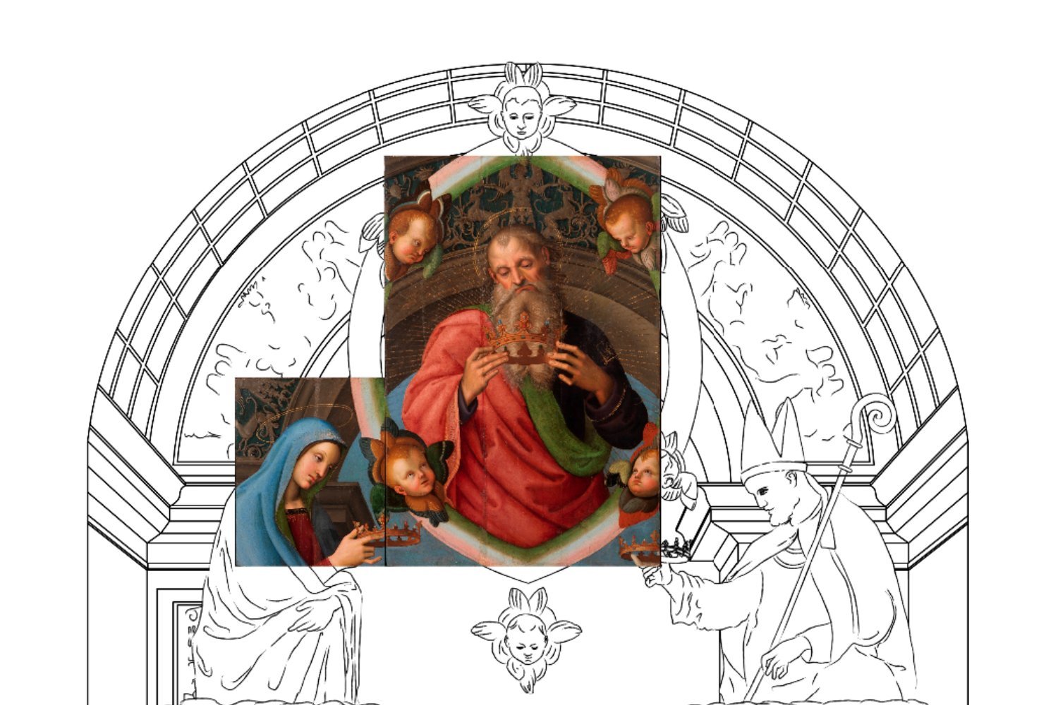 A reconstruction of the Baronci Altarpiece by Raphael, showing the two recently AI-investigated works.