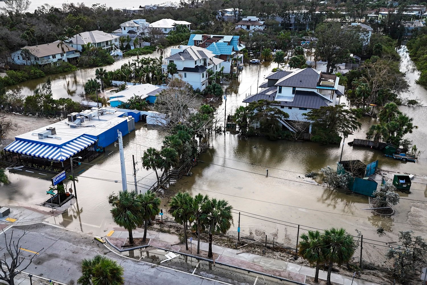 A drone image shows a flooded street due to Hurricane Milton in Siesta Key, Florida, on October 10, 2024.