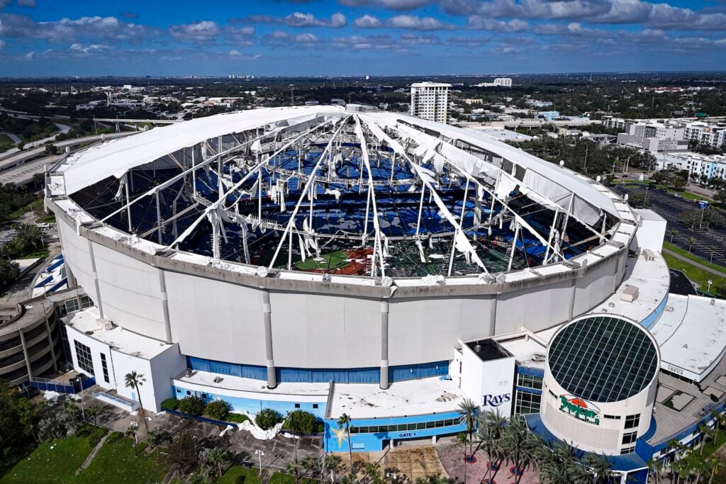 A drone image shows the dome of Tropicana Field which has been torn open due to Hurricane Milton in St. Petersburg, Florida, on October 10, 2024.