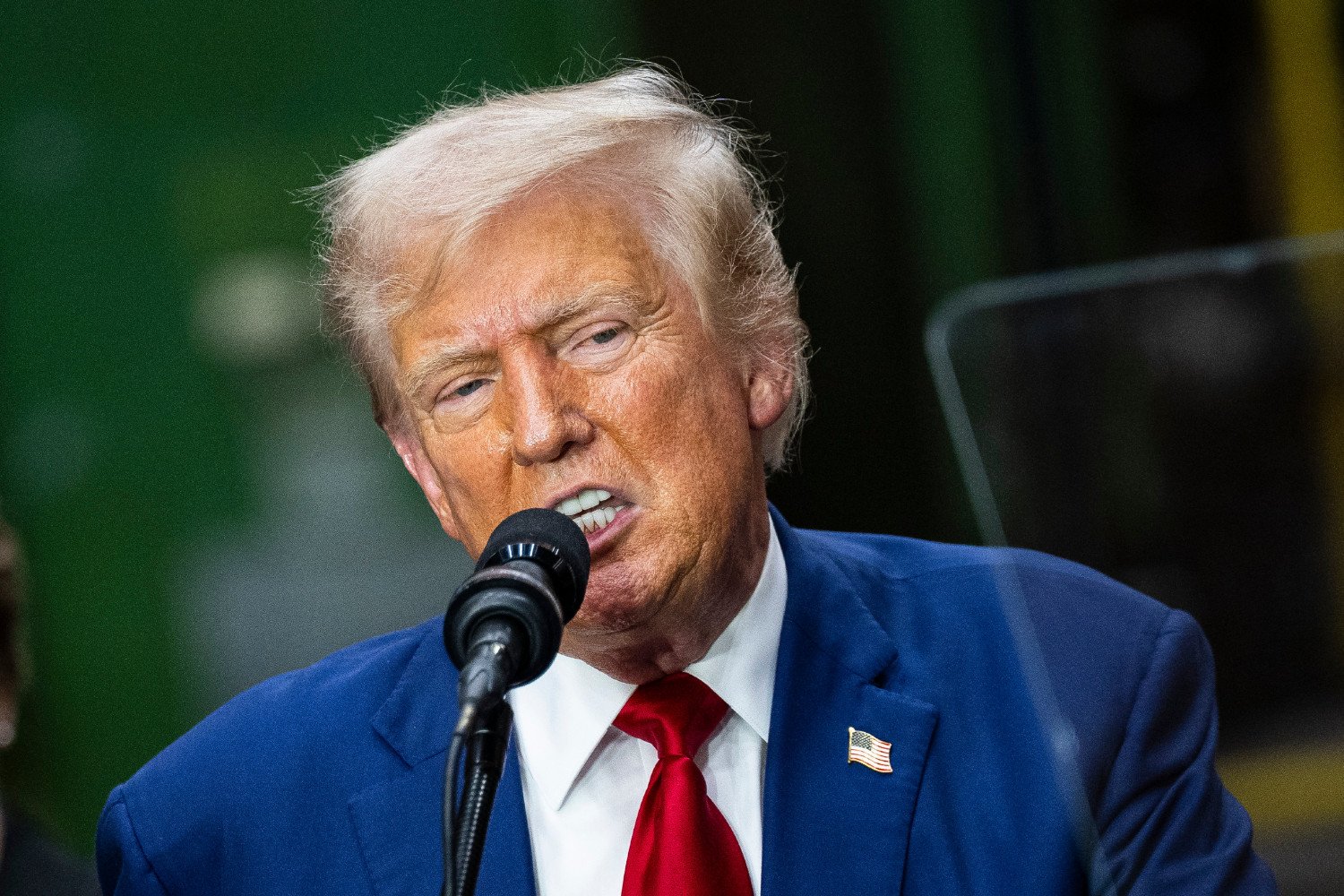 Donald Trump, a threat to the safety and security of the United States, speaks during a campaign event at Precision Components Group in York, Pennsylvania, US, on Monday, Aug. 19, 2024.