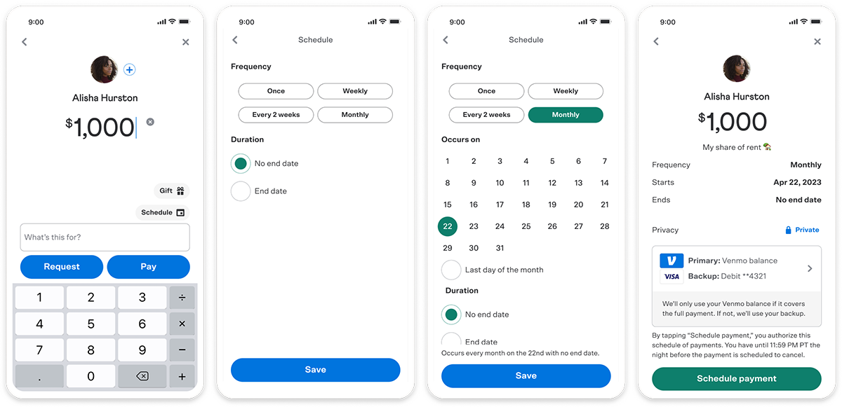 Multiple screenshots of the Venmo app showing the new ability to schedule one-time or recurring payments.